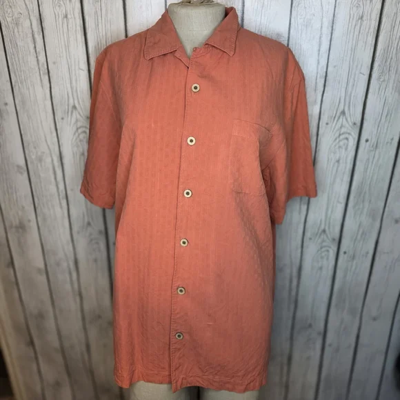 Tommy Bahama 100% Silk Orange Embroidered Pineapple Palm Tree Camp Shirt - M - Picture 1 of 13